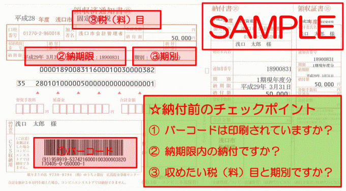 コンビニ納付の際の注意点の画像